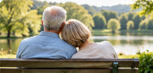Para seniorów odpoczywa na ławce nad jeziorem w parku